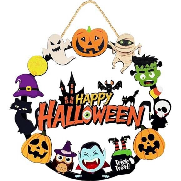 Halloween Decorations Wooden Pumpkin Ghost Door Wreath for Front Door Sign - Picture 8 of 8